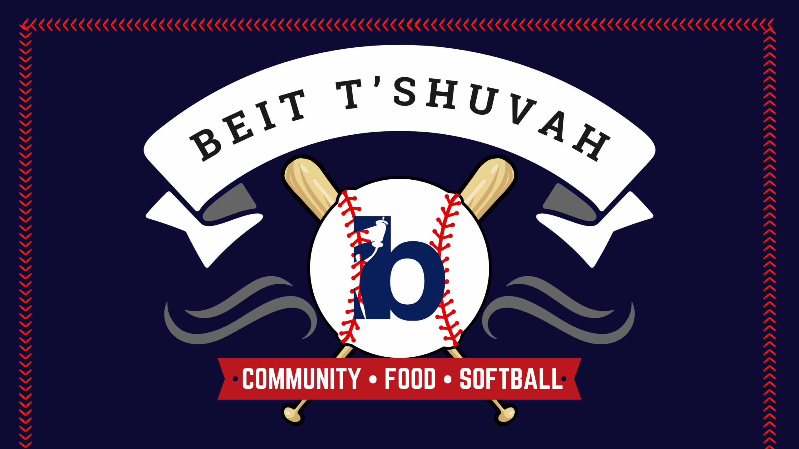 Logo with a baseball and bats, a large "b" in the center, and a banner that reads "Beit T'Shuvah." Below, a red ribbon says "Community • Food • Softball • Alumni Picnic" on a dark blue background.