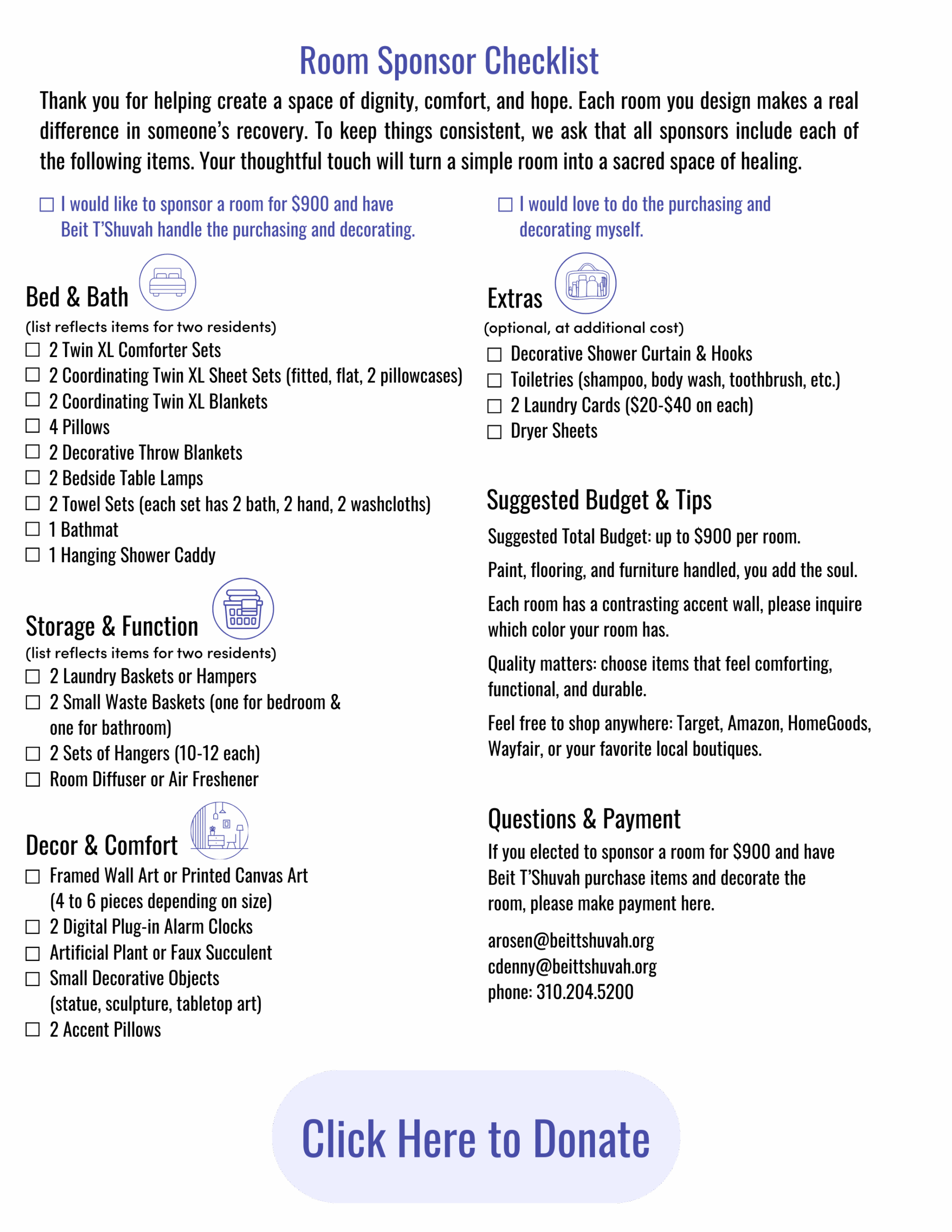 A Room To Heal sponsorship checklist with options: sponsor for $900 and let our staff handle purchases and decorating, or do it yourself. Features icons and a "Click Here to Donate" button for easy giving.