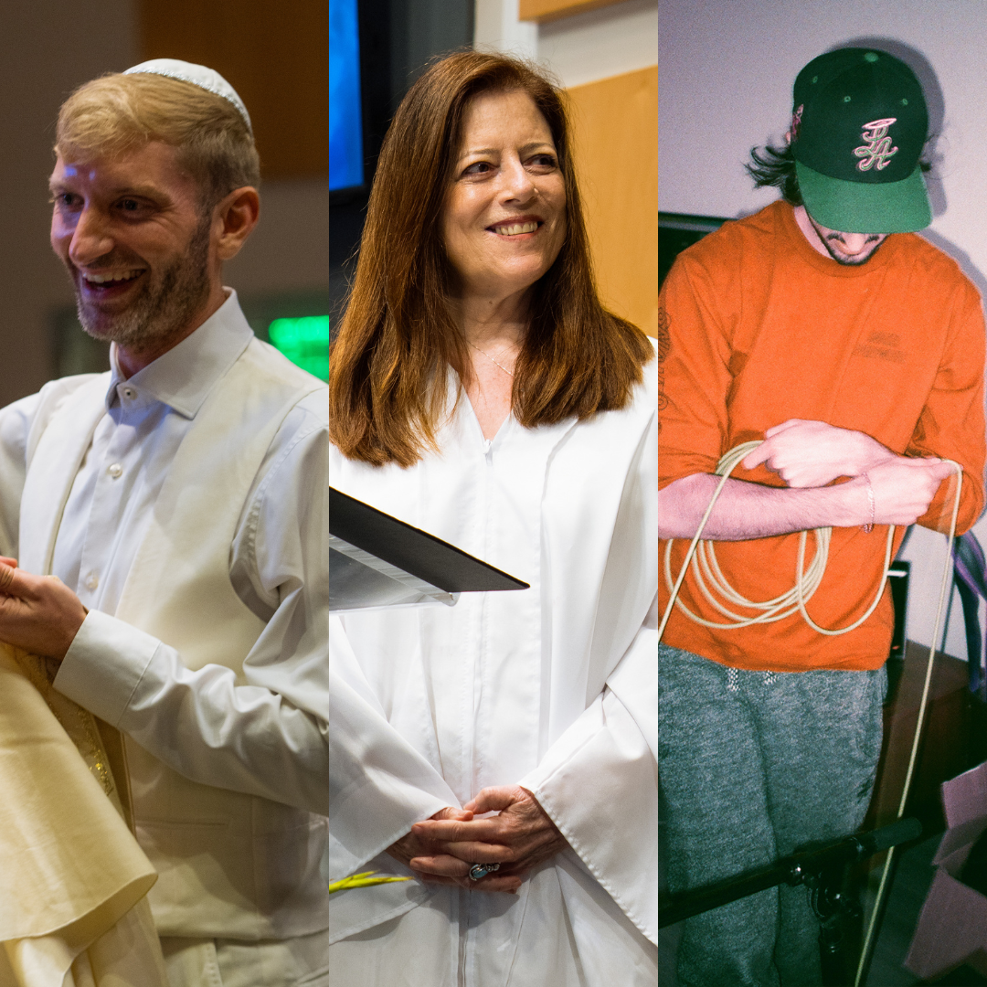 To see more photos, go to beittshuvah.orggala-3 A collage of three people: a smiling man in white religious attire and a kippah, a woman in a white robe holding a book, and a man in a red shirt and cap holding cables, preparing for a Music Program, looking down.
