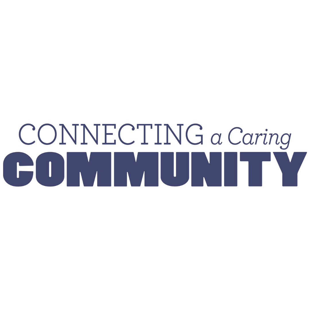 The phrase "Connecting a Caring Community" with the word "community" in bold, dark blue letters and the rest in regular, lighter blue font.