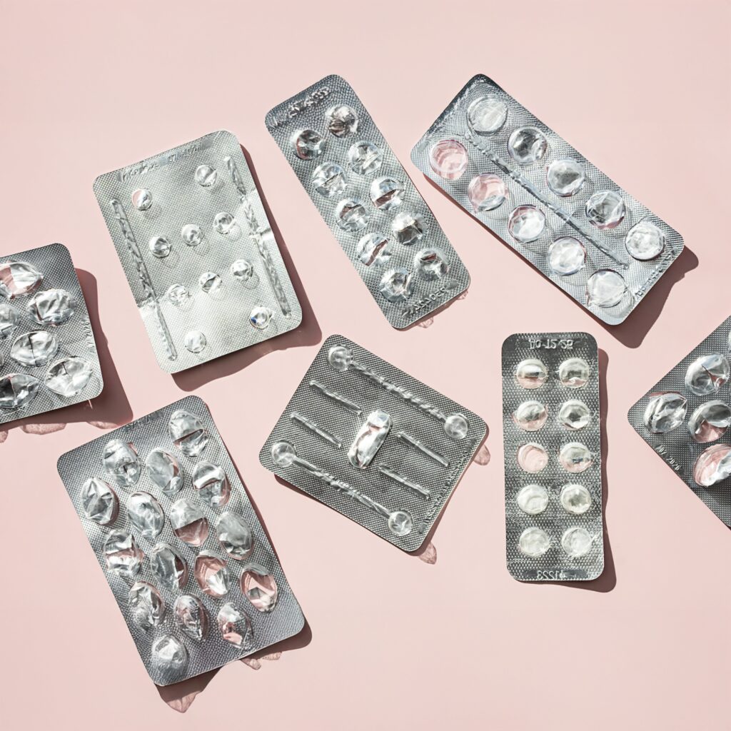 Several empty and partially empty blister packs of pills are scattered on a light pink surface, with most compartments showing missing tablets, highlighting Harm Reduction In Action: Medication Assisted Treatment Explained.