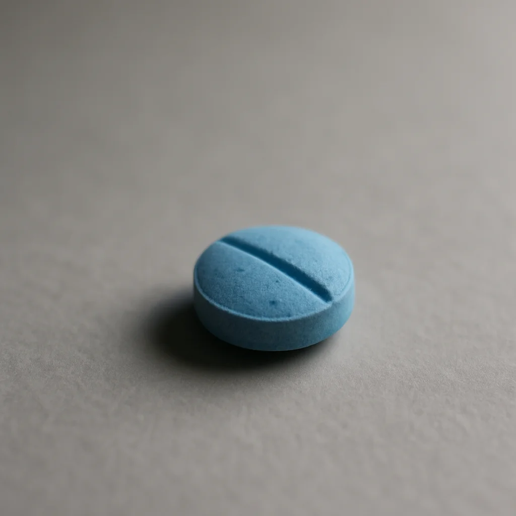 A single round blue tablet with a scored line across the center rests on a smooth, light gray surface—a quiet reminder that living better often means The Next Right Indicated Action Isn't Always Clear.
