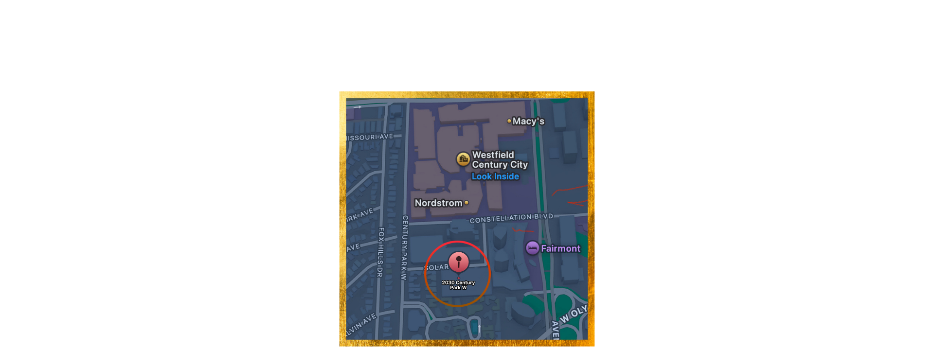 Screenshot of a map showing Westfield Century City, Nordstrom, Macy’s, and Fairmont, highlighting 2030 Century Park W. with Gala Parking directions to self-park if valet parking is full.