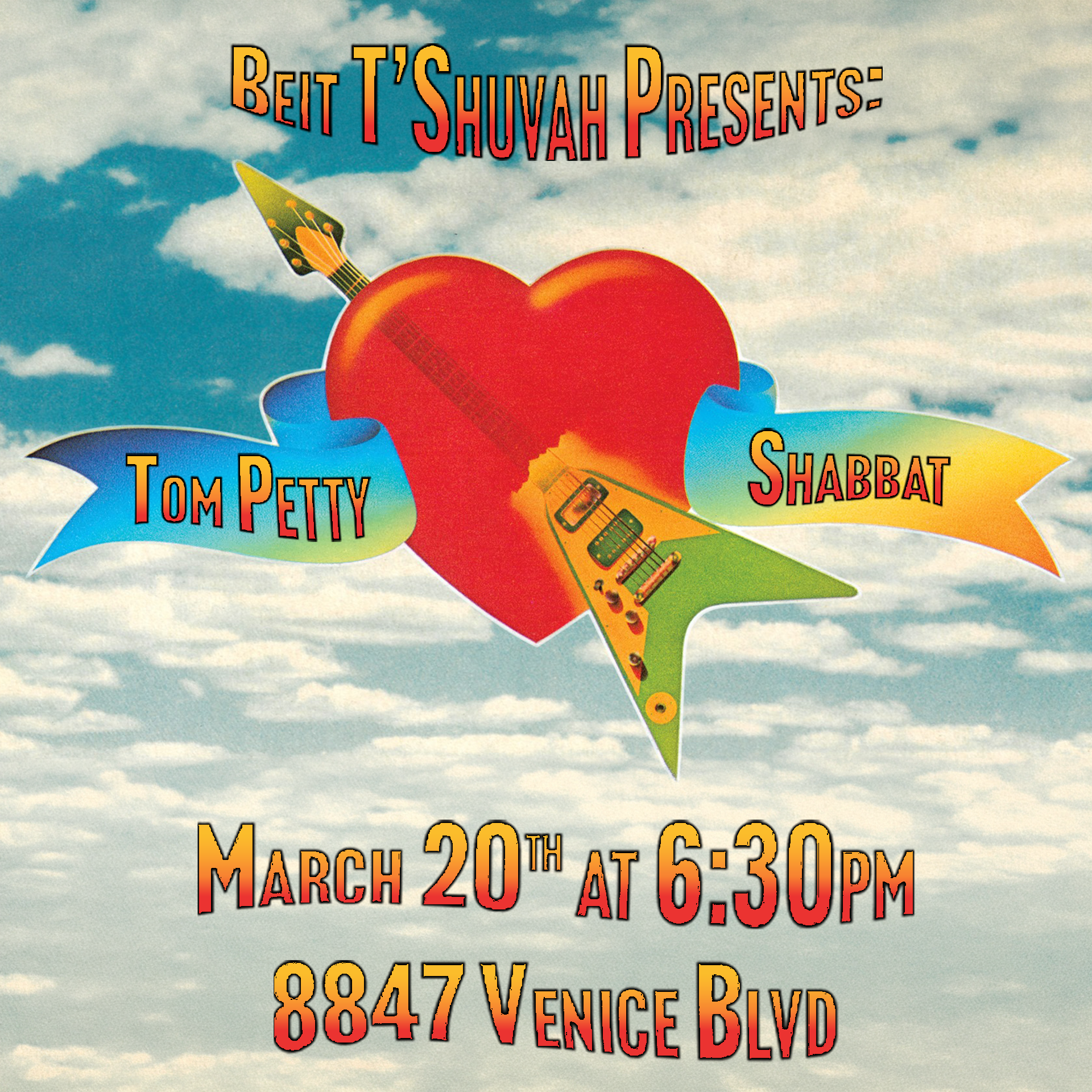 A graphic with a red heart, guitar, and banners reading 