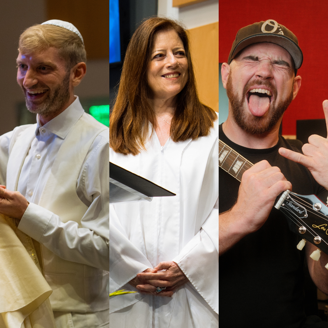 A split image shows three people: a smiling man in Jewish attire, a woman in a white robe holding papers, and a man in a T-shirt making a rock hand sign and sticking out his tongue, holding a guitar—each reflecting the spirit of the Music Program.