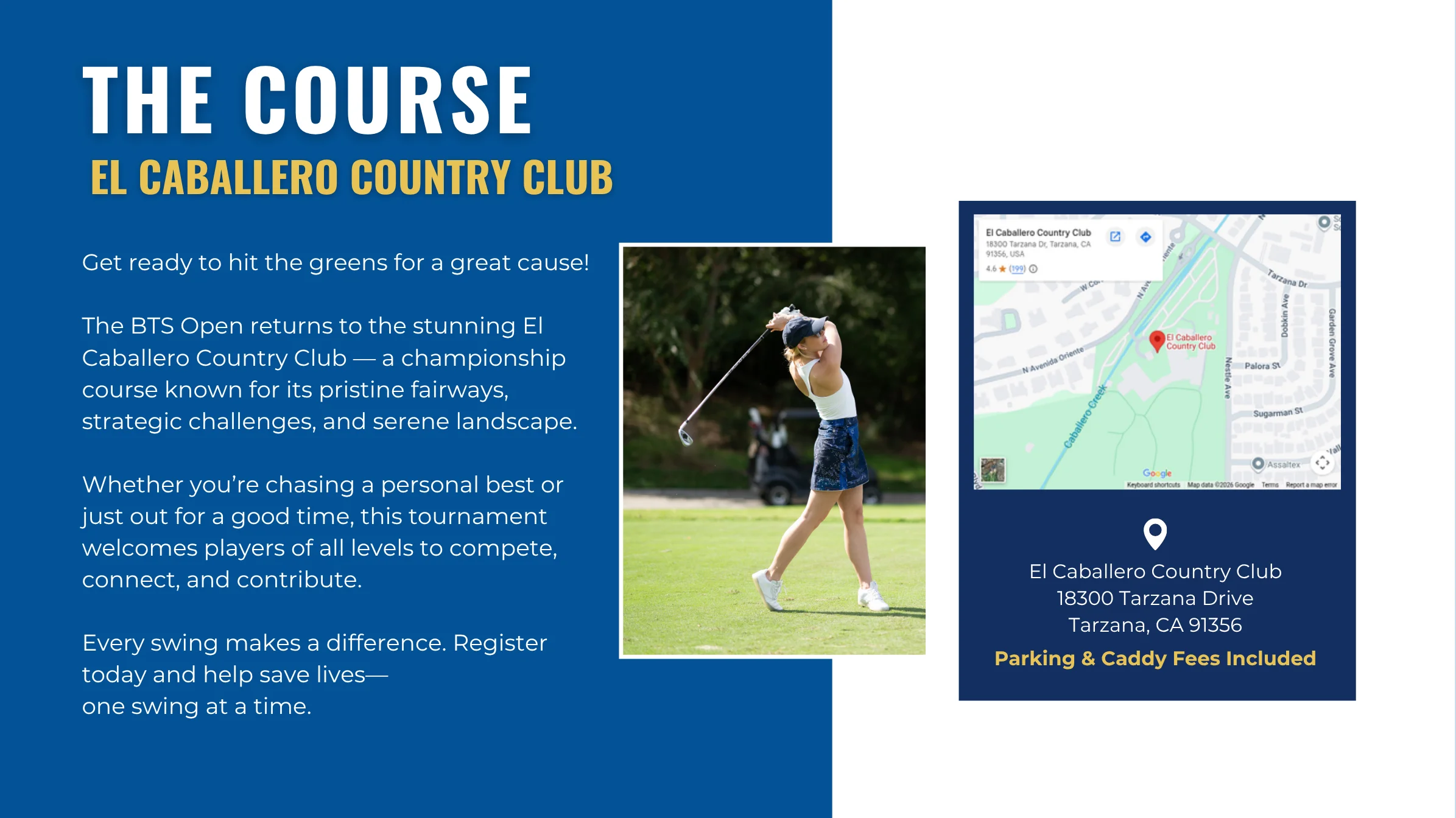 A promotional graphic for the Open Golf Tournament at El Caballero Country Club features event details, a golfer swinging, a map snippet, address, and text inviting players to register. Parking and caddy fees are included.