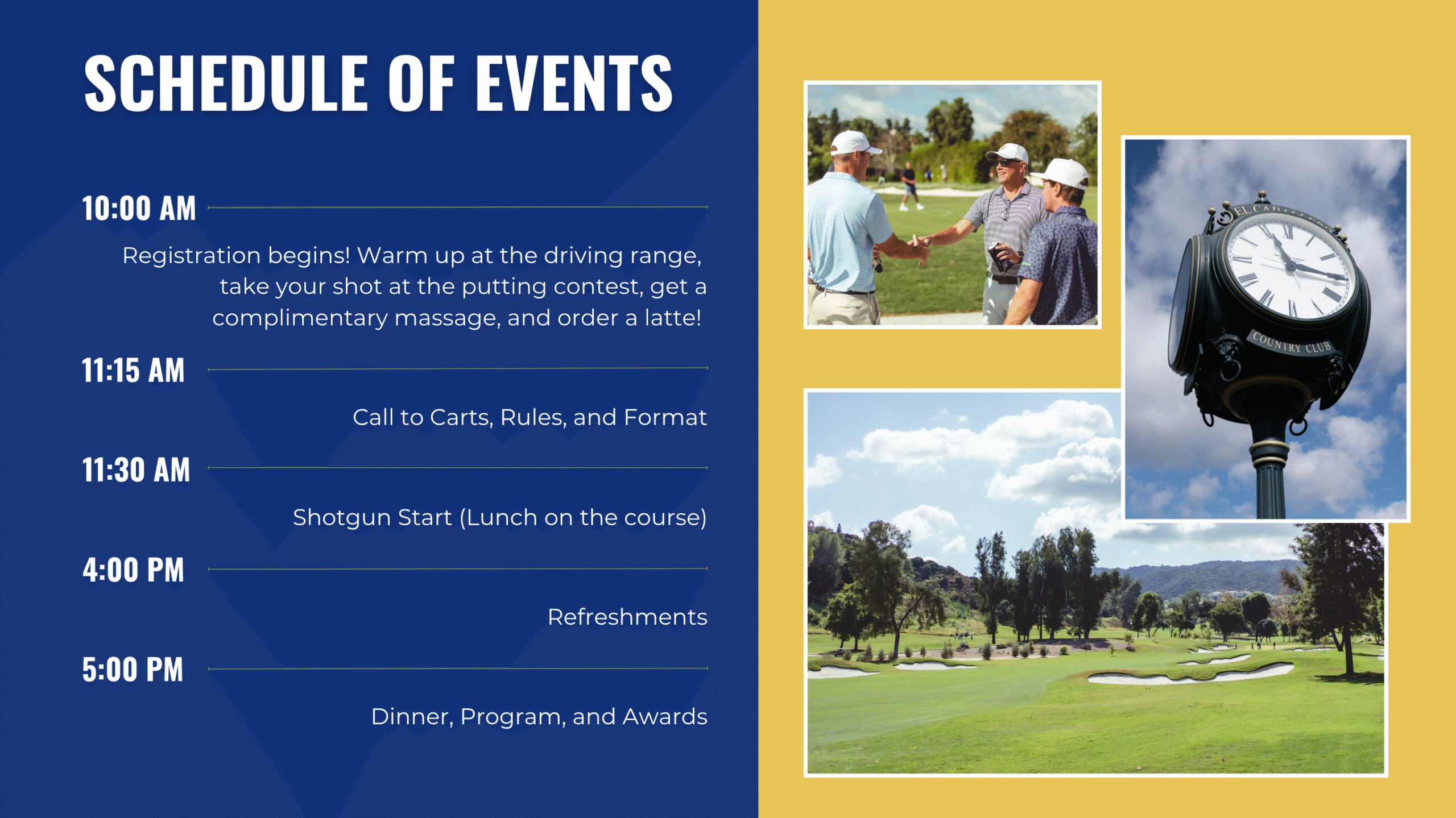 A vibrant Open Golf event schedule with times and activities, featuring photos of people golfing, a large outdoor clock, and the scenic golf course under a blue sky—perfect for capturing memorable BTS moments of the Golf Tournament.