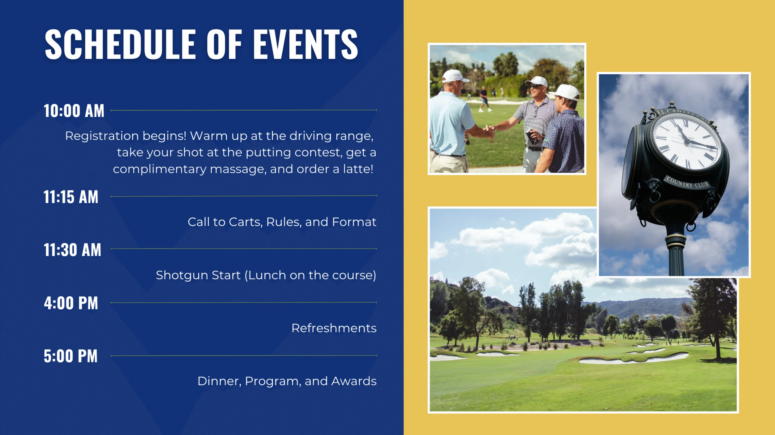 A vibrant Open Golf event schedule with times and activities, featuring photos of people golfing, a large outdoor clock, and the scenic golf course under a blue sky—perfect for capturing memorable BTS moments of the Golf Tournament.