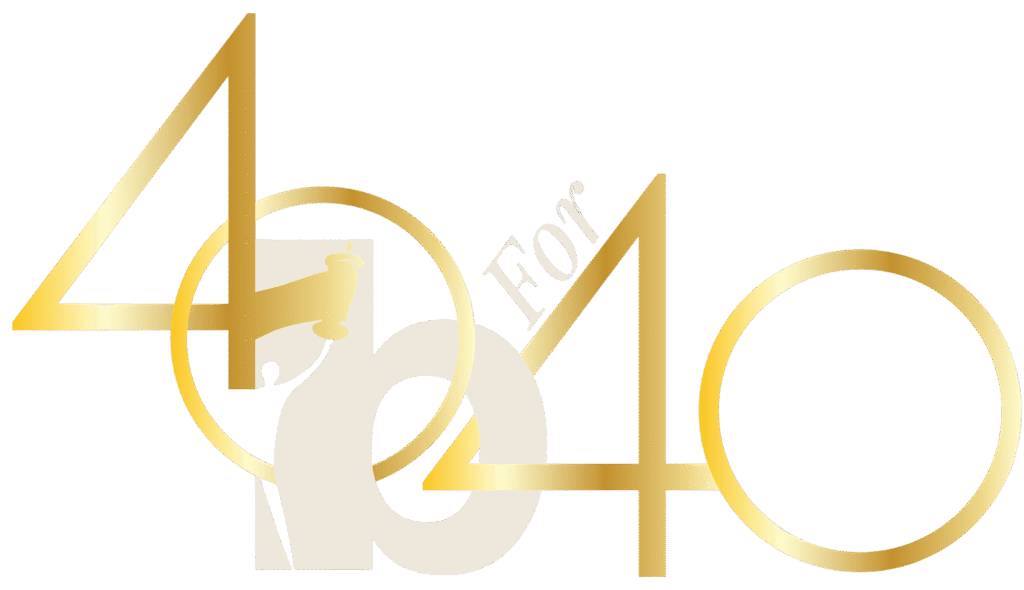 Gold text reading "40 Under 40" in a stylish, overlapping font on a white background, celebrating the 40for40 initiative. The numbers and words are designed with a metallic gold gradient effect.