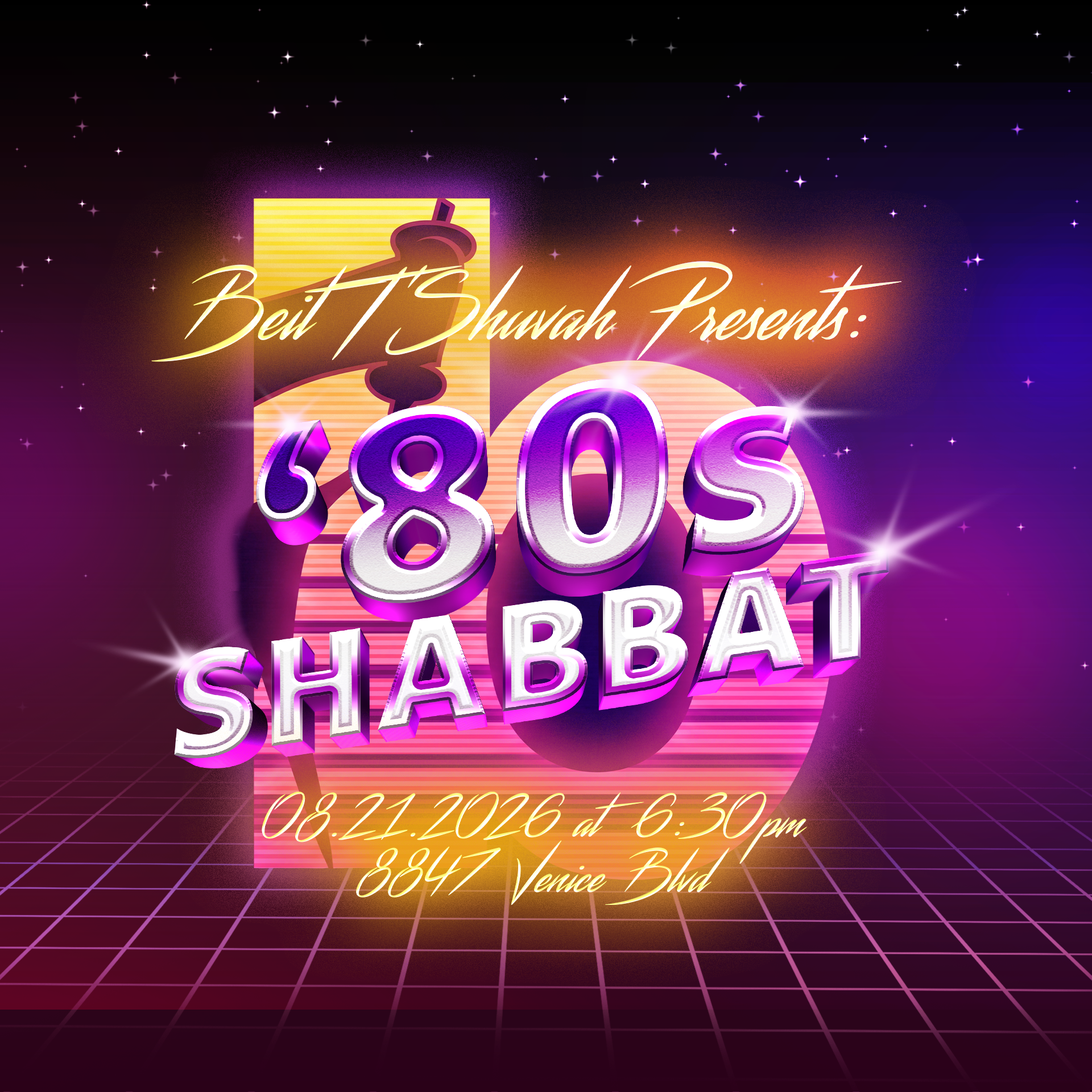 Neon ’80s-themed flyer for an event called “80s Shabbat” on 08.21.2026 at 6:30pm, featuring bright retro colors, gridlines, and a challah silhouette—perfect for fans of upcoming events that blend retro vibes with tradition. Location: 8847 Venice Blvd.