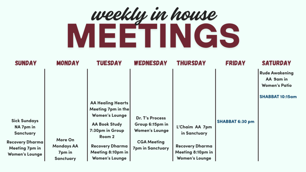 Weekly in-house meetings schedule with days and times for recovery and support group meetings listed from Sunday to Saturday, including special Programs and Events like Shabbat on Friday and Saturday. Blue and red text on a light background.